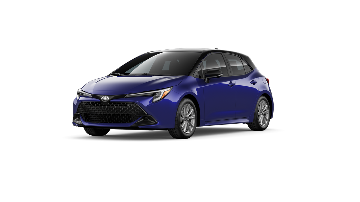 2026 Toyota Corolla Hatchback SE in Blue Crush Metallic With Midnight Black Metallic Roof — front three-quarter view