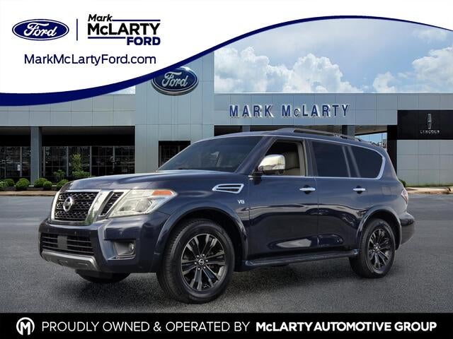 2019 Nissan Armada Platinum in Hermosa Blue Pearl — front three-quarter view