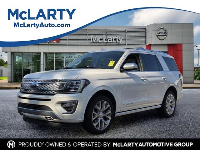 2018 Ford Expedition Platinum in White Platinum Clearcoat Metallic — front three-quarter view